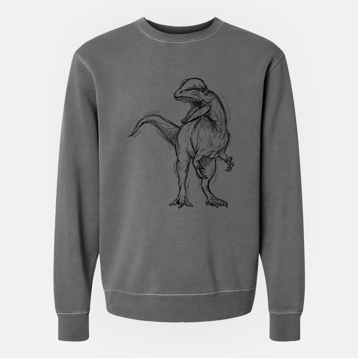 Faded black pigment dyed crewneck sweatshirt laid flat, printed with a black ink illustration of a Dilophosaurus with its neck frill, walking.
