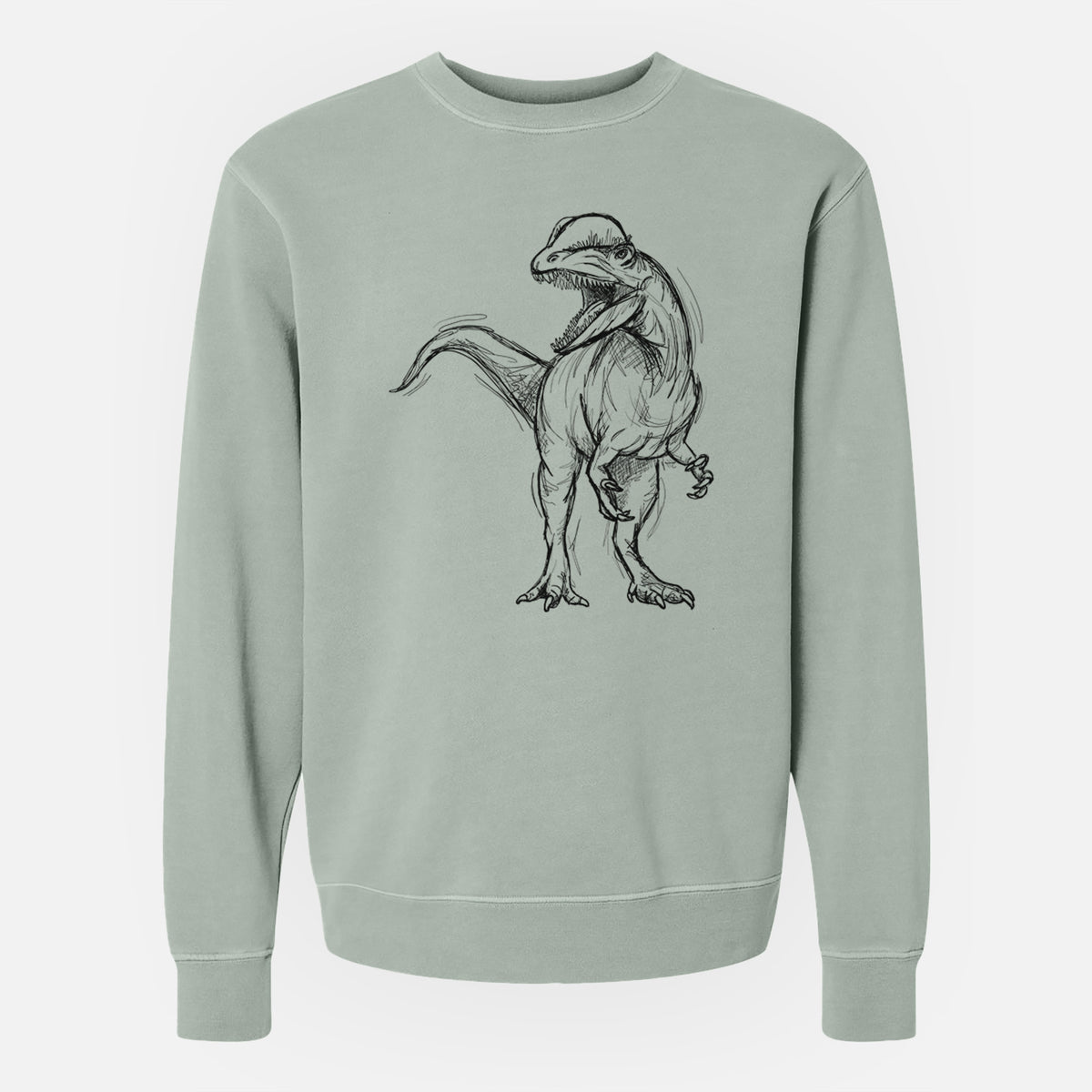 Sage green pigment dyed crewneck sweatshirt laid flat, printed with a black ink illustration of a Dilophosaurus with its neck frill, walking.
