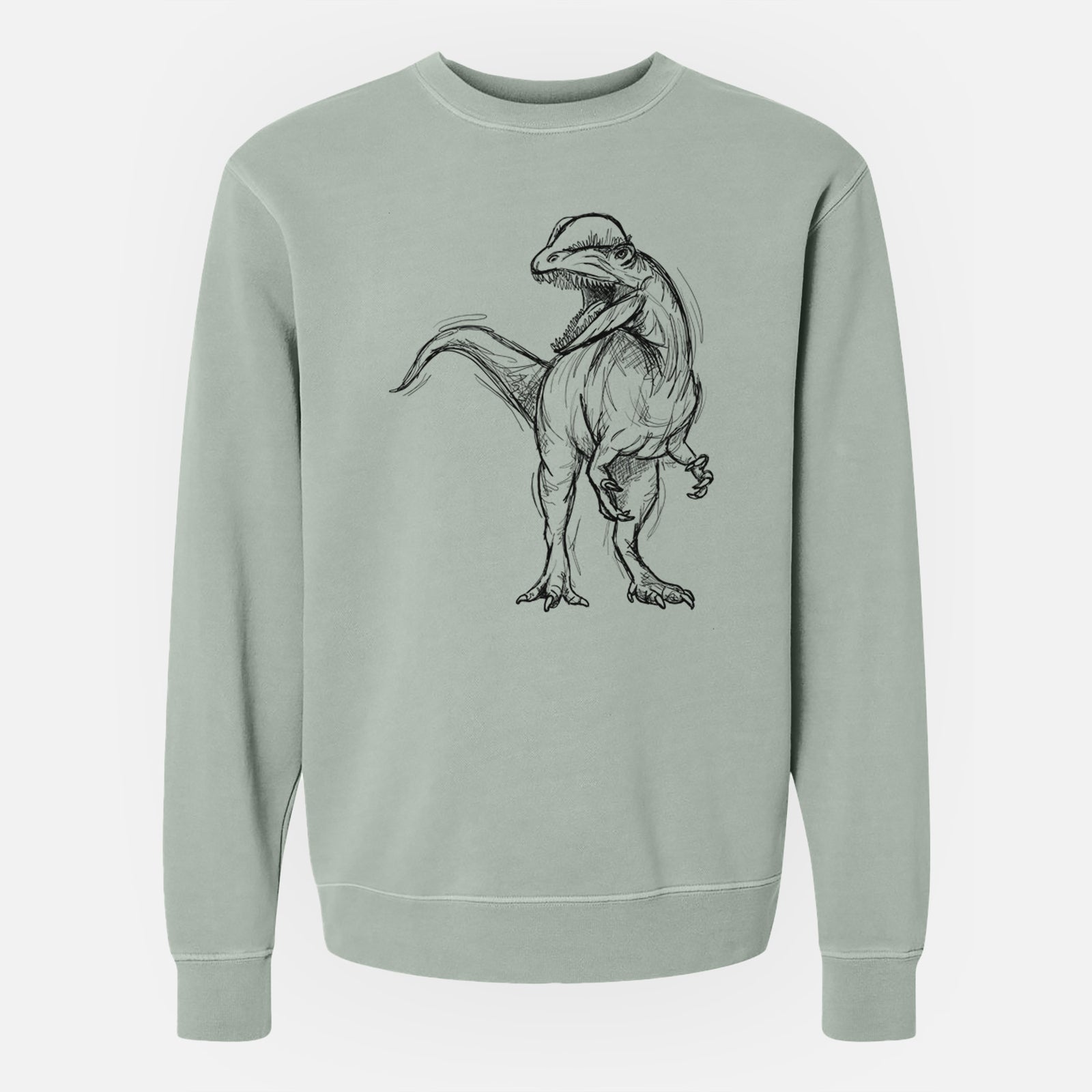 Sage green pigment dyed crewneck sweatshirt laid flat, printed with a black ink illustration of a Dilophosaurus with its neck frill, walking.