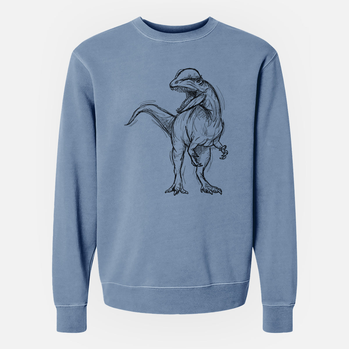 Slate blue pigment dyed crewneck sweatshirt laid flat, printed with a black ink illustration of a Dilophosaurus with its neck frill, walking.