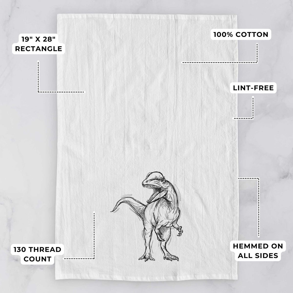 White tea towel printed with a black ink illustration of a Dilophosaurus with its neck frill, walking, with feature labels: 19 by 28 inch rectangle, 100% cotton, lint-free, 130 thread count, hemmed on all sides.