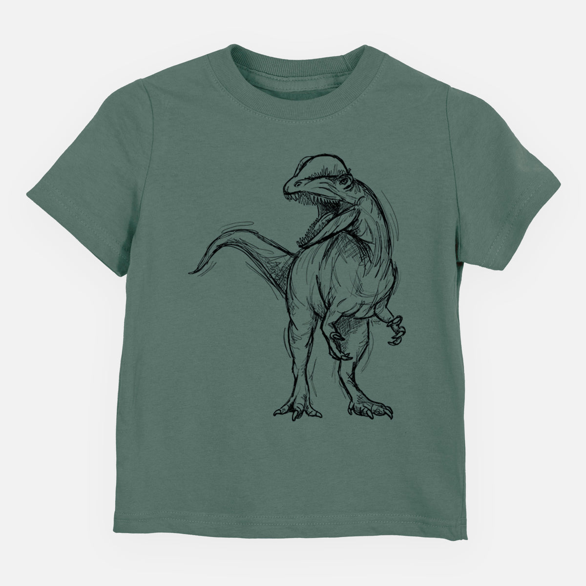 Basil green toddler t-shirt laid flat, printed with a black ink illustration of a Dilophosaurus with its neck frill, walking.