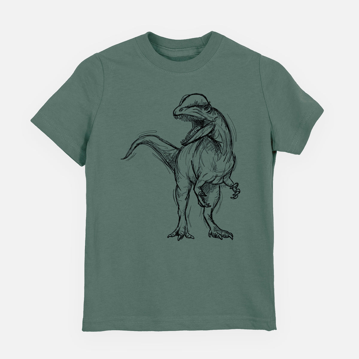 Basil green youth t-shirt laid flat, printed with a black ink illustration of a Dilophosaurus with its neck frill, walking.
