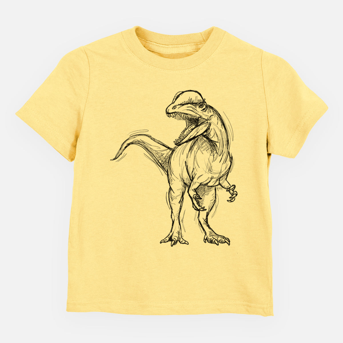 Butter yellow toddler t-shirt laid flat, printed with a black ink illustration of a Dilophosaurus with its neck frill, walking.