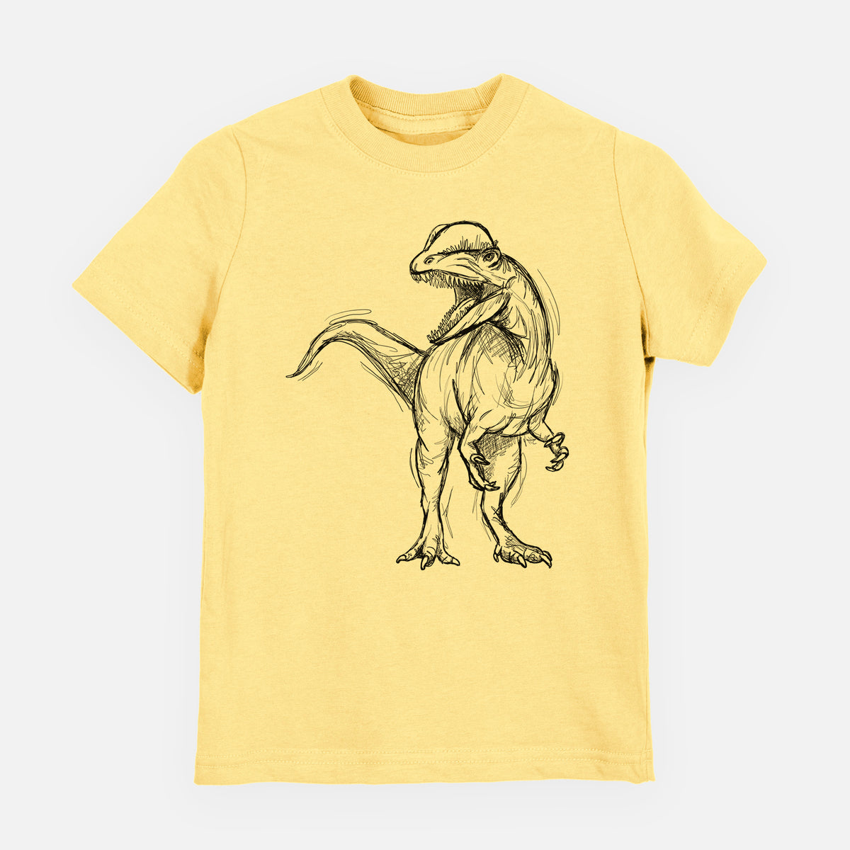 Butter yellow youth t-shirt laid flat, printed with a black ink illustration of a Dilophosaurus with its neck frill, walking.