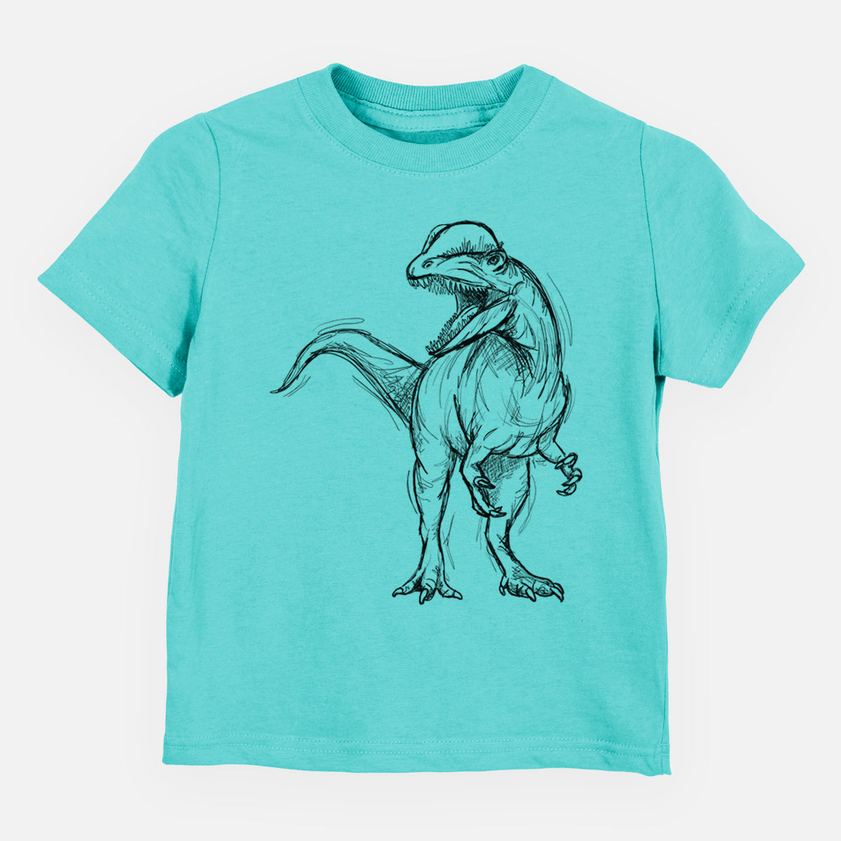 Caribbean blue toddler t-shirt laid flat, printed with a black ink illustration of a Dilophosaurus with its neck frill, walking.