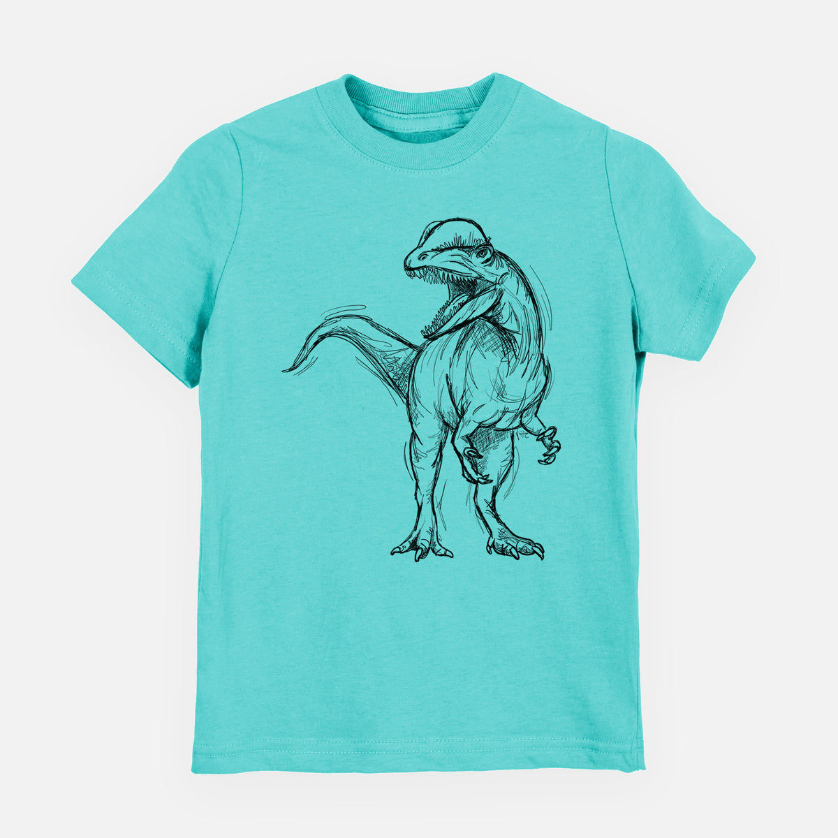 Caribbean blue youth t-shirt laid flat, printed with a black ink illustration of a Dilophosaurus with its neck frill, walking.