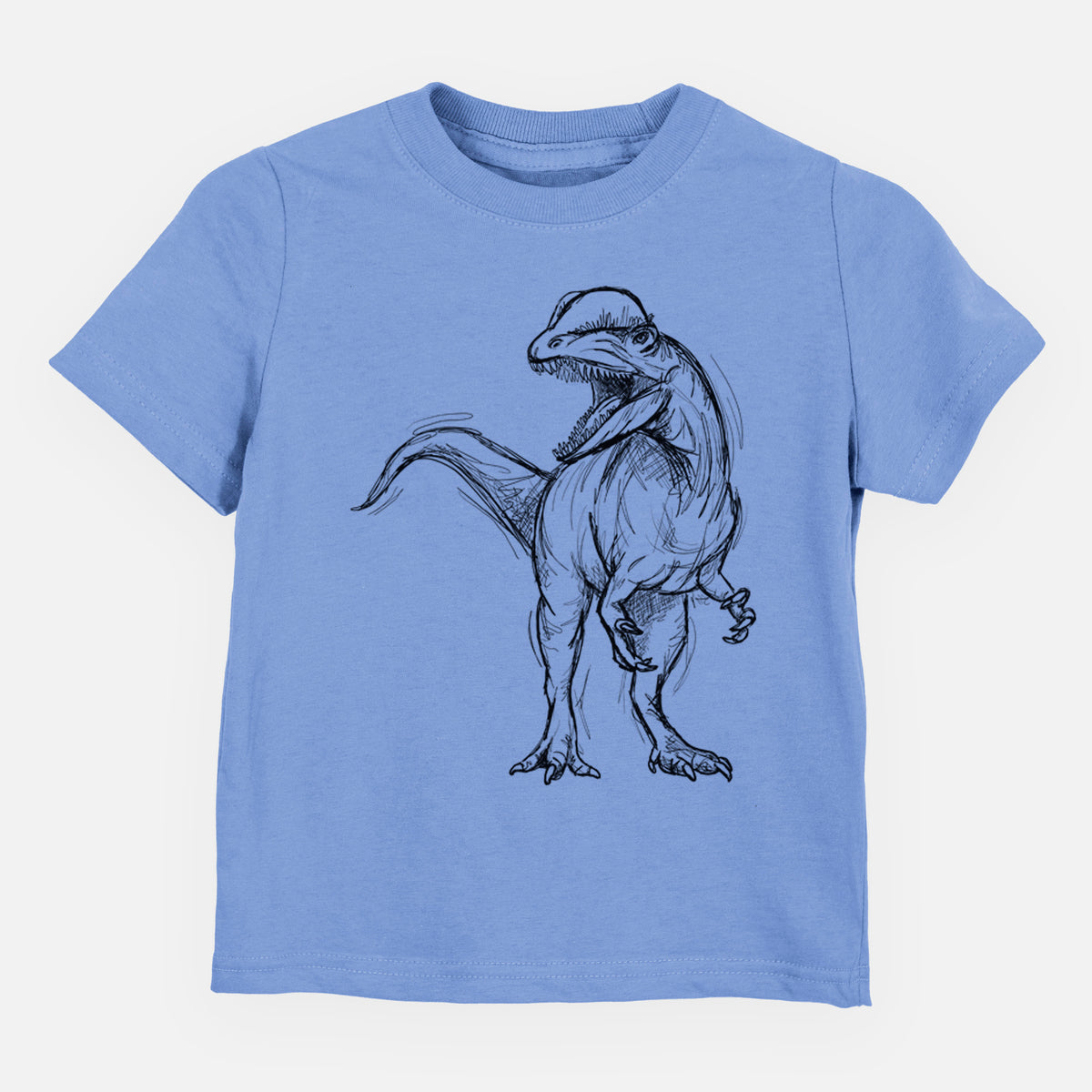 Carolina blue toddler t-shirt laid flat, printed with a black ink illustration of a Dilophosaurus with its neck frill, walking.