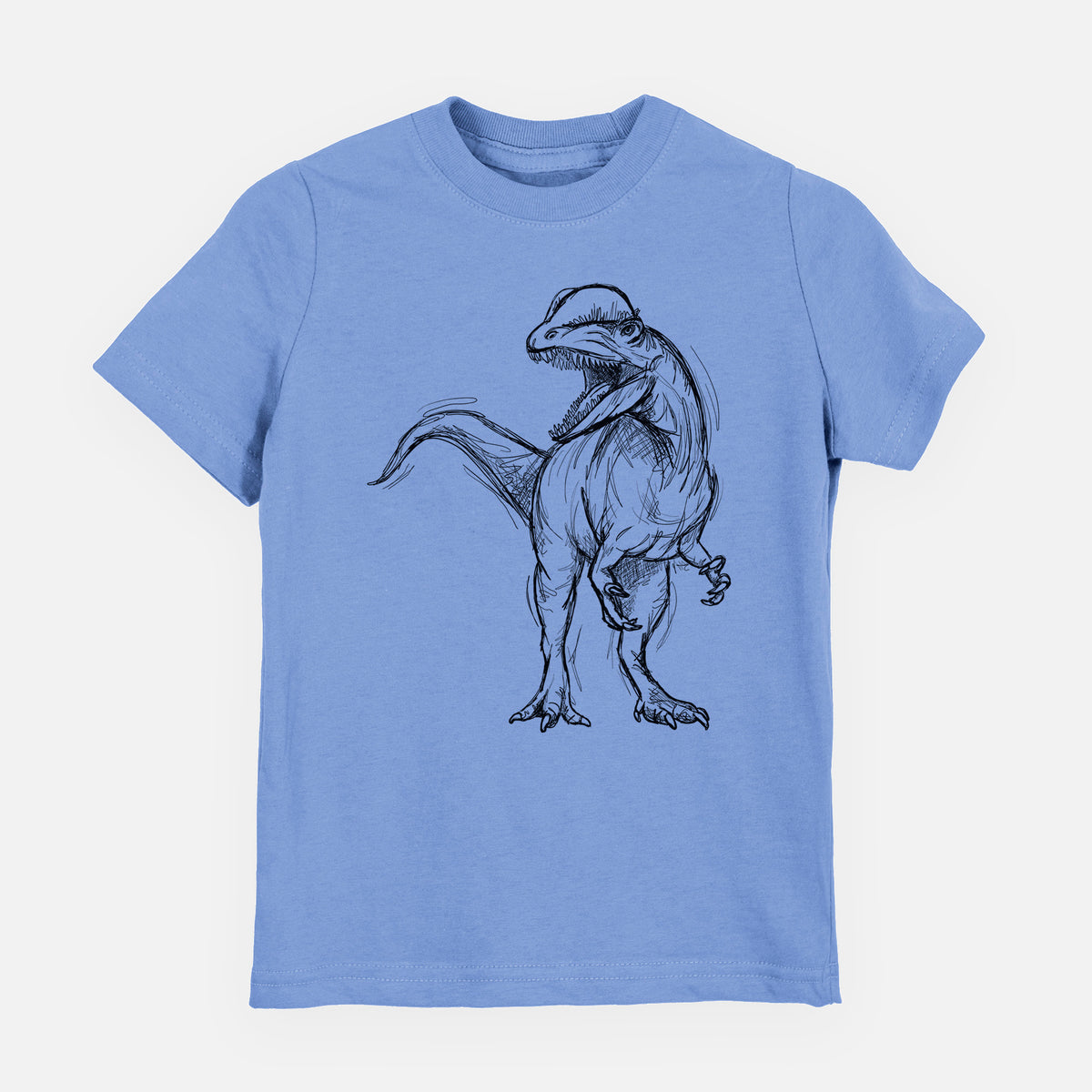 Carolina blue youth t-shirt laid flat, printed with a black ink illustration of a Dilophosaurus with its neck frill, walking.