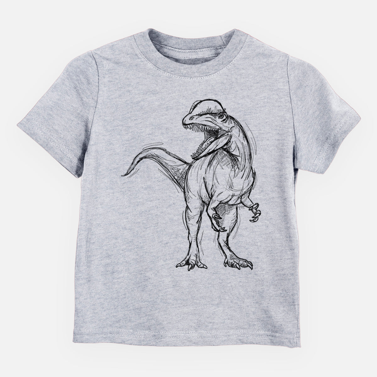 Heather grey toddler t-shirt laid flat, printed with a black ink illustration of a Dilophosaurus with its neck frill, walking.