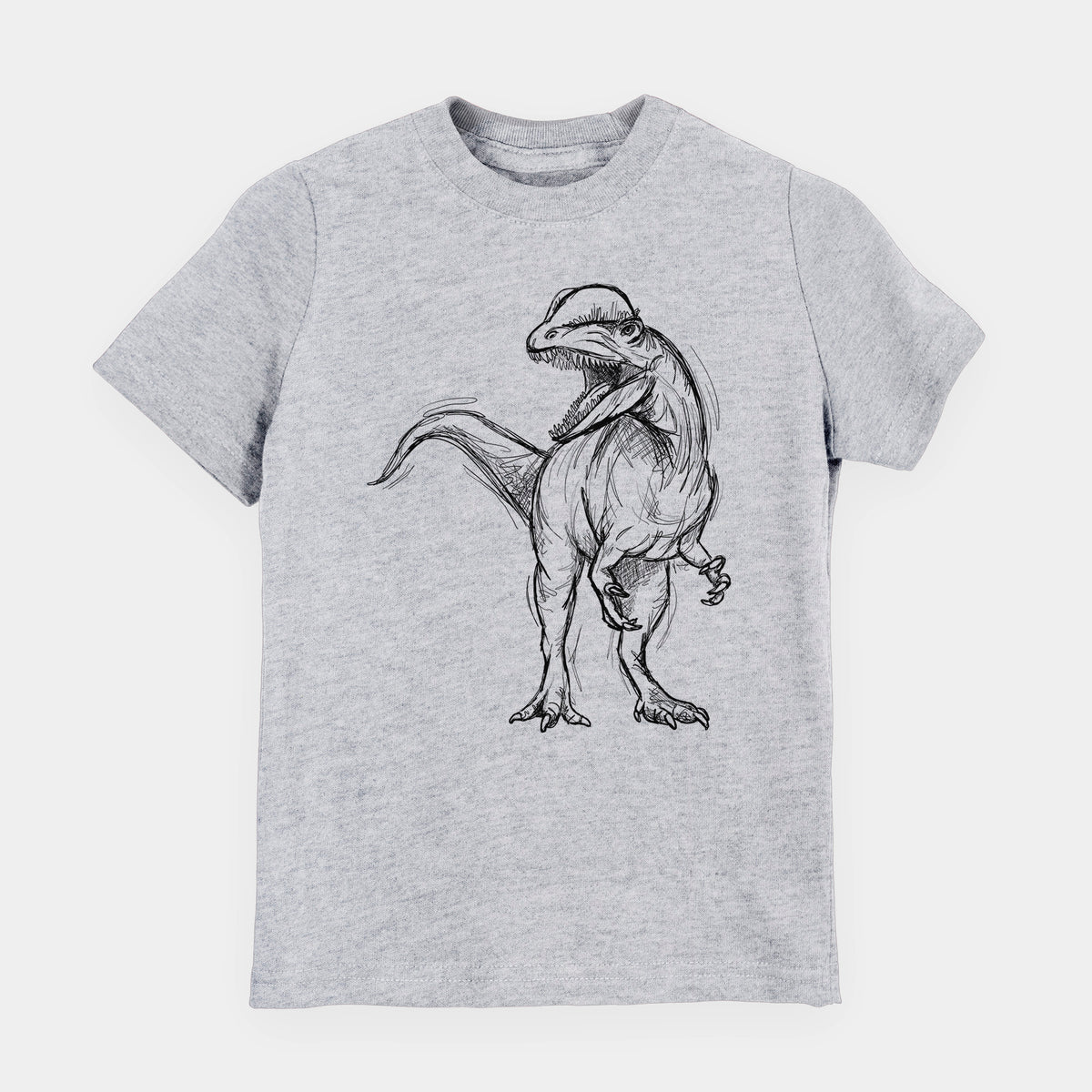 Heather grey youth t-shirt laid flat, printed with a black ink illustration of a Dilophosaurus with its neck frill, walking.