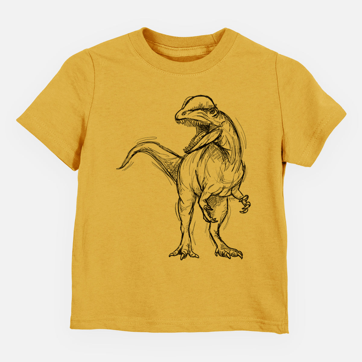Honeycomb yellow toddler t-shirt laid flat, printed with a black ink illustration of a Dilophosaurus with its neck frill, walking.