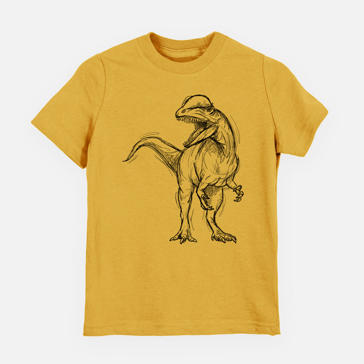 Honeycomb yellow youth t-shirt laid flat, printed with a black ink illustration of a Dilophosaurus with its neck frill, walking.