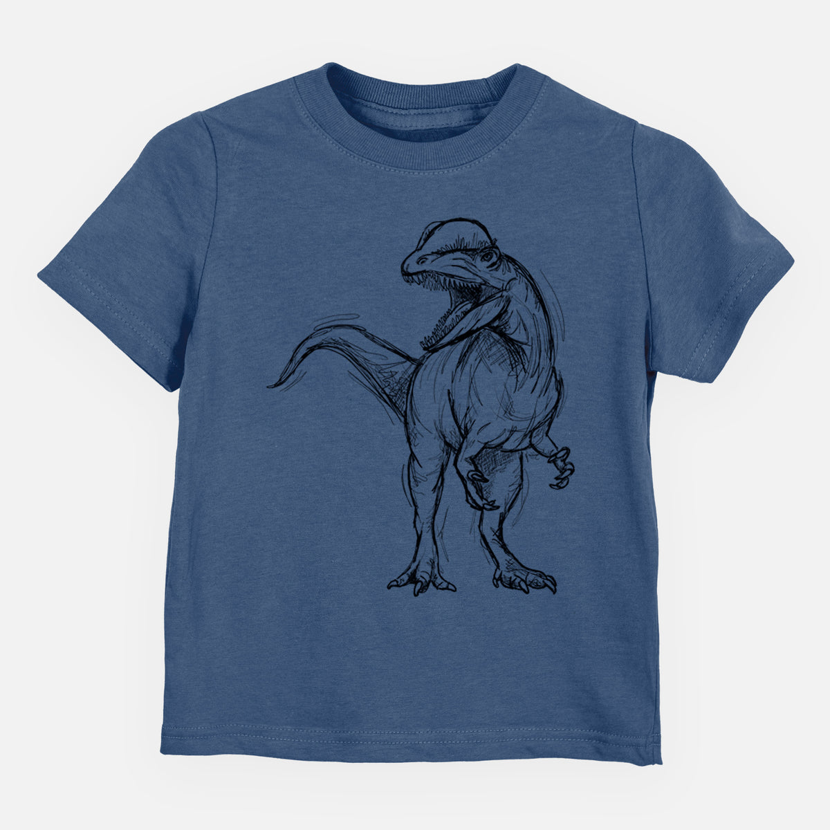 Indigo blue toddler t-shirt laid flat, printed with a black ink illustration of a Dilophosaurus with its neck frill, walking.