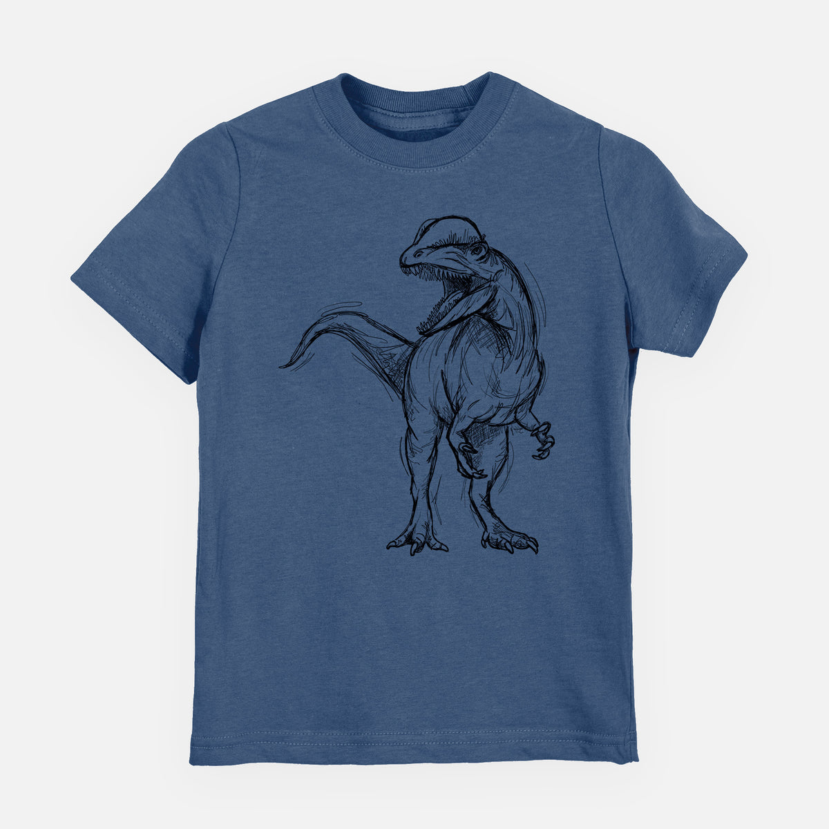 Indigo blue youth t-shirt laid flat, printed with a black ink illustration of a Dilophosaurus with its neck frill, walking.