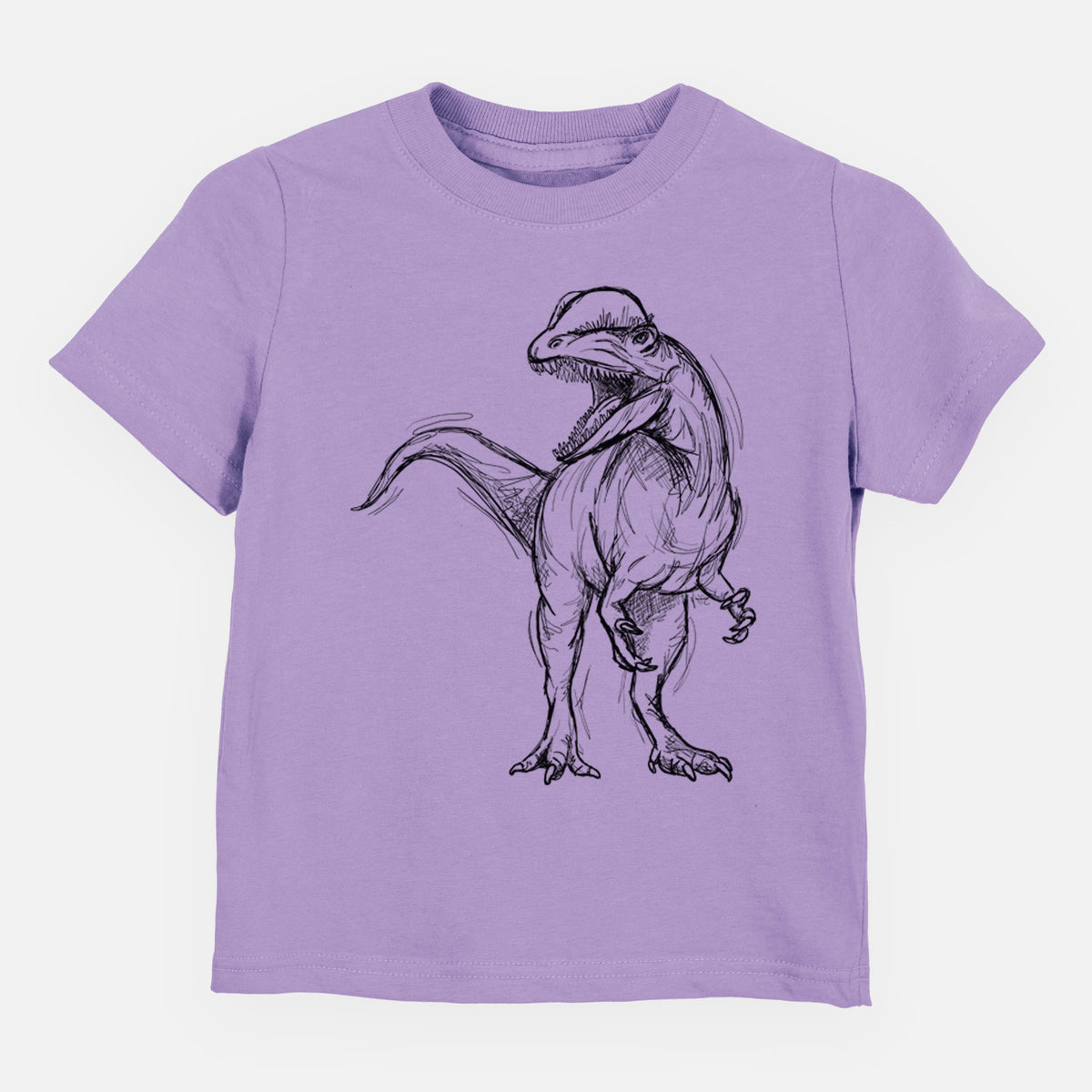 Lavender toddler t-shirt laid flat, printed with a black ink illustration of a Dilophosaurus with its neck frill, walking.