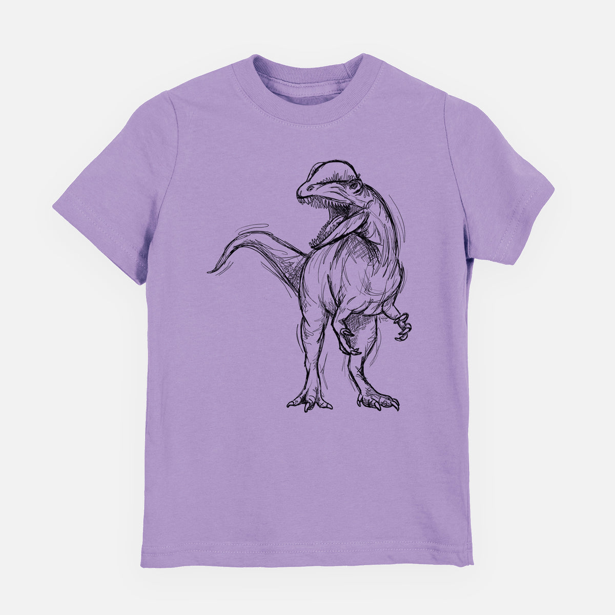 Lavender youth t-shirt laid flat, printed with a black ink illustration of a Dilophosaurus with its neck frill, walking.