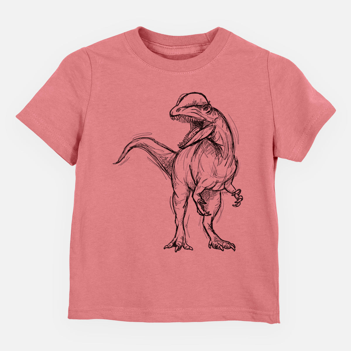 Mauve pink toddler t-shirt laid flat, printed with a black ink illustration of a Dilophosaurus with its neck frill, walking.