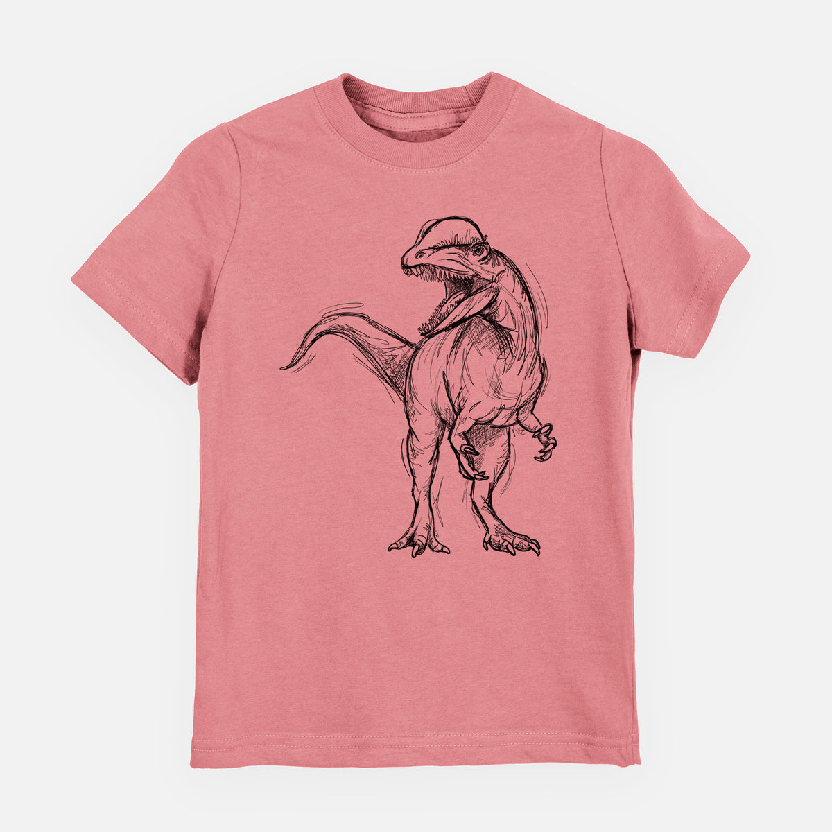 Mauve pink youth t-shirt laid flat, printed with a black ink illustration of a Dilophosaurus with its neck frill, walking.