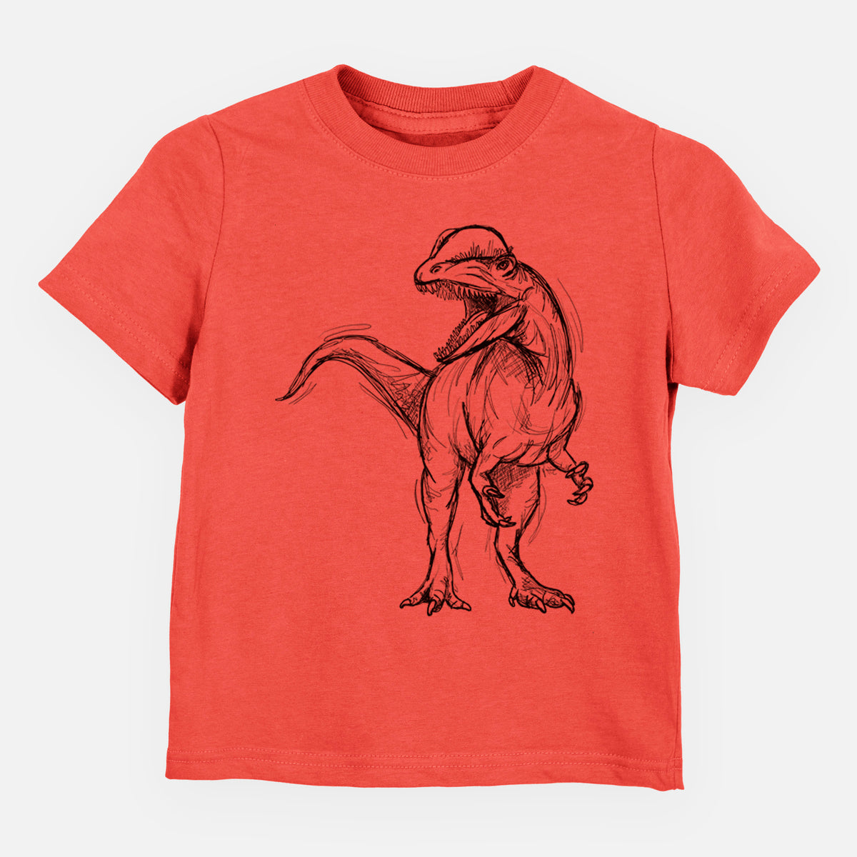 Passionfruit pink toddler t-shirt laid flat, printed with a black ink illustration of a Dilophosaurus with its neck frill, walking.