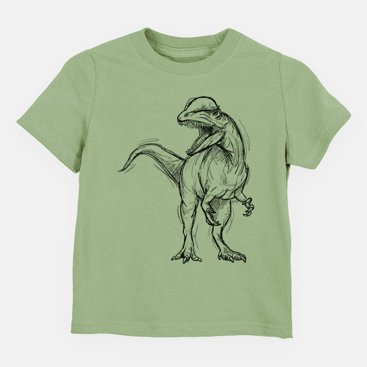 Sage green toddler t-shirt laid flat, printed with a black ink illustration of a Dilophosaurus with its neck frill, walking.