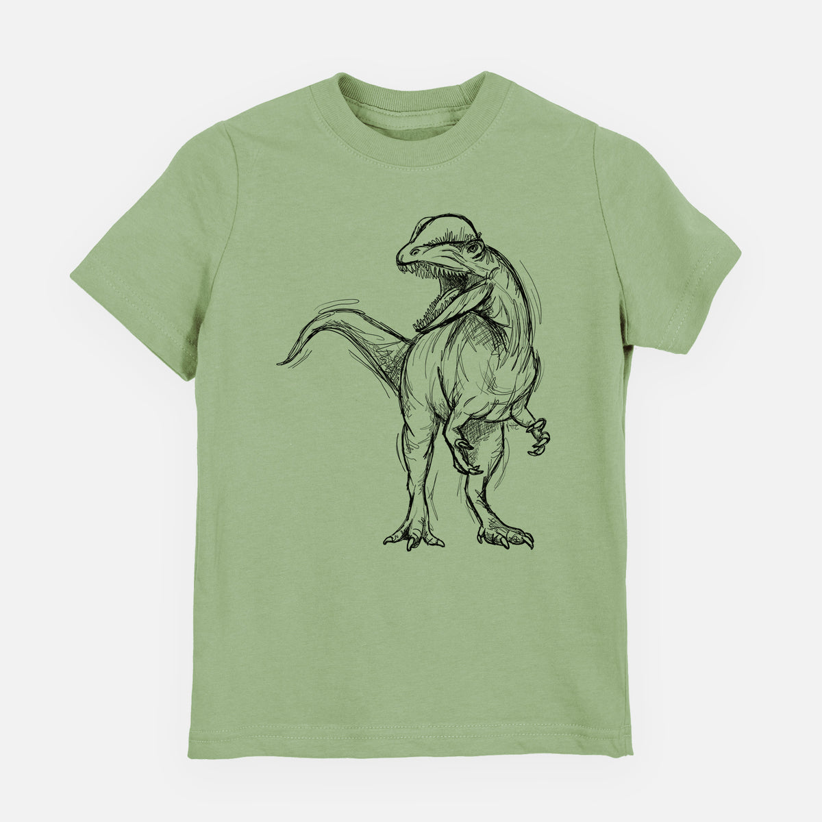 Sage green youth t-shirt laid flat, printed with a black ink illustration of a Dilophosaurus with its neck frill, walking.