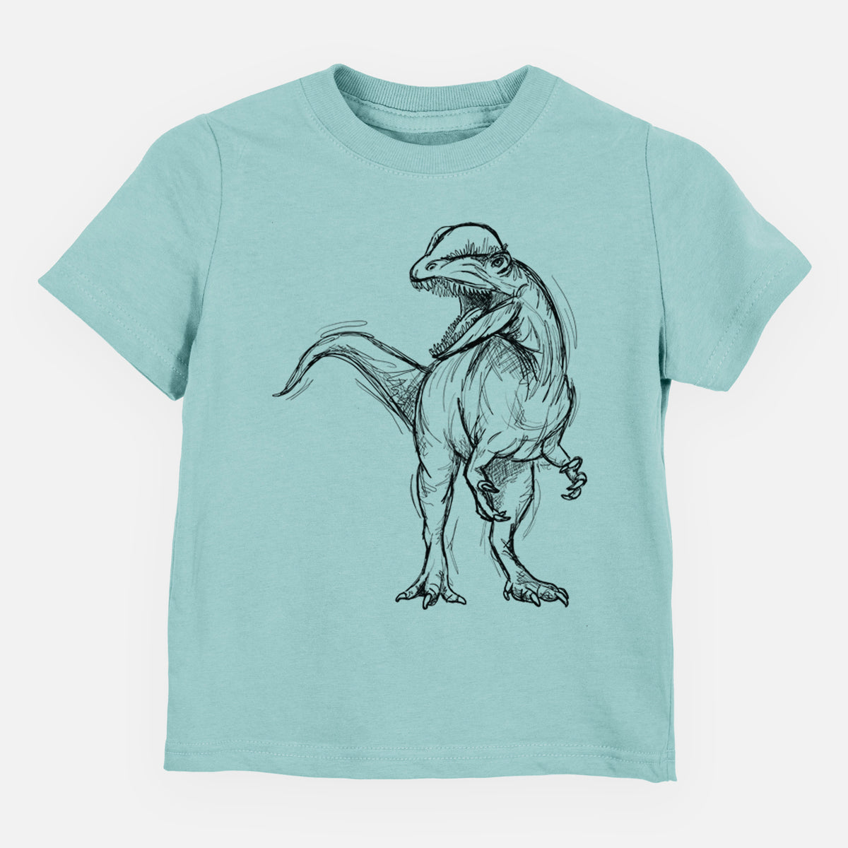 Saltwater toddler t-shirt laid flat, printed with a black ink illustration of a Dilophosaurus with its neck frill, walking.