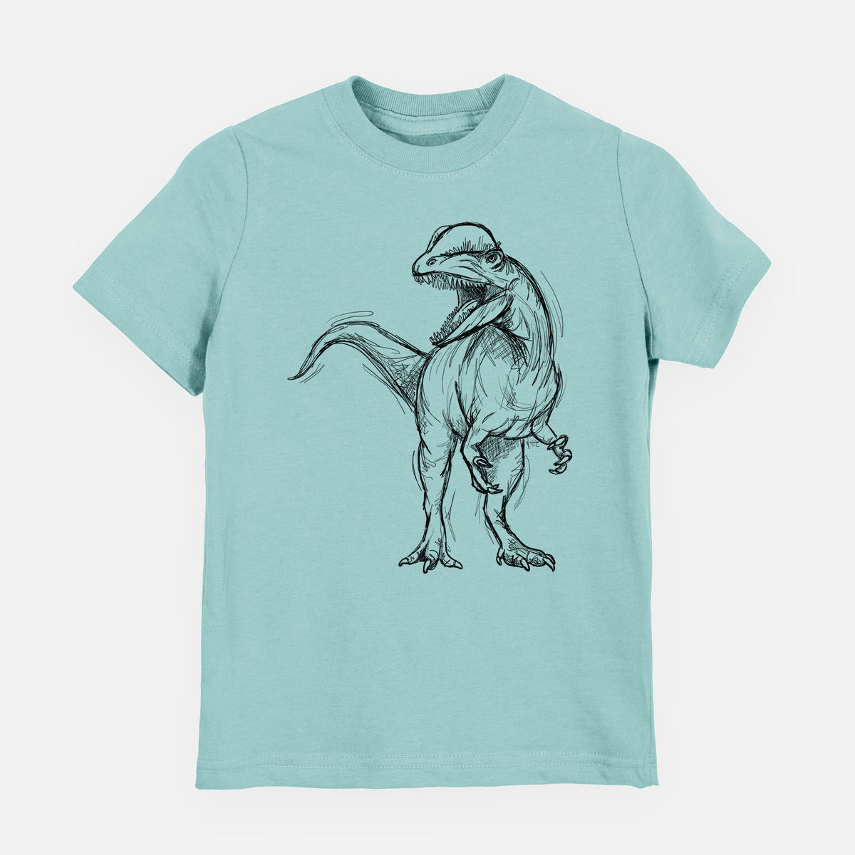Saltwater youth t-shirt laid flat, printed with a black ink illustration of a Dilophosaurus with its neck frill, walking.