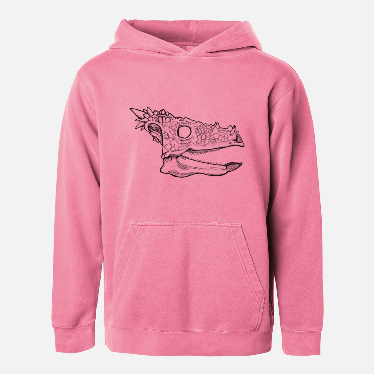 Pigment pink youth pigment dyed hoodie laid flat, printed with a black ink illustration of a spiky Dracorex dinosaur skull.