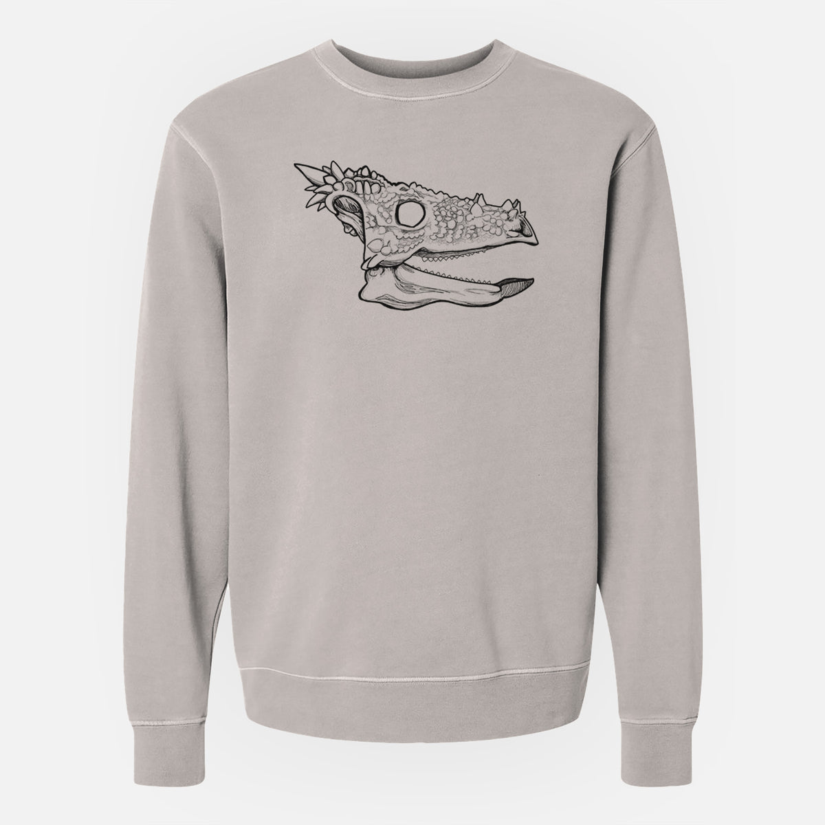 Cement grey pigment dyed crewneck sweatshirt laid flat, printed with a black ink illustration of a spiky Dracorex dinosaur skull.