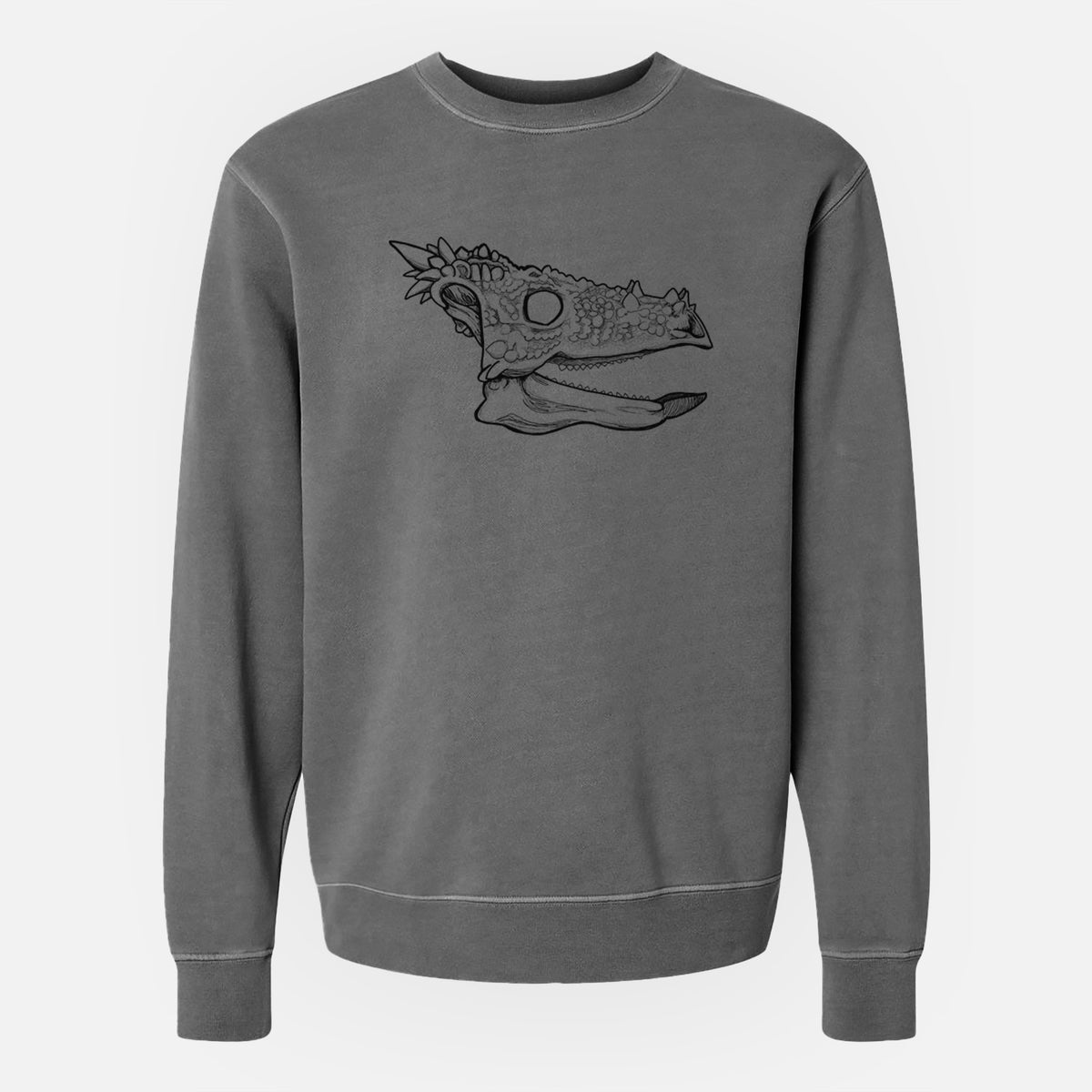 Faded black pigment dyed crewneck sweatshirt laid flat, printed with a black ink illustration of a spiky Dracorex dinosaur skull.