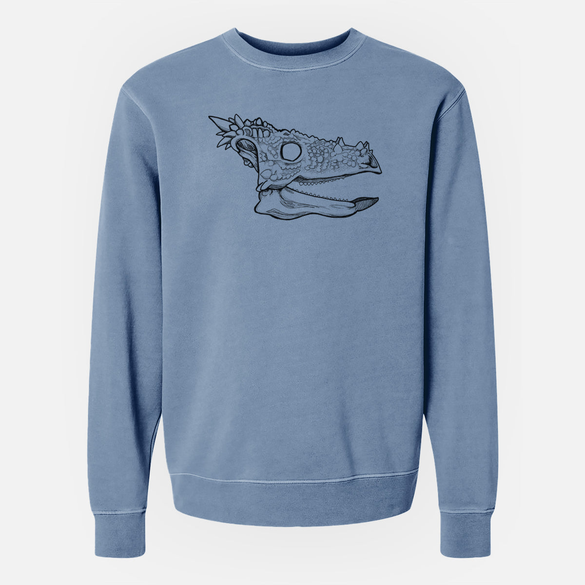Slate blue pigment dyed crewneck sweatshirt laid flat, printed with a black ink illustration of a spiky Dracorex dinosaur skull.