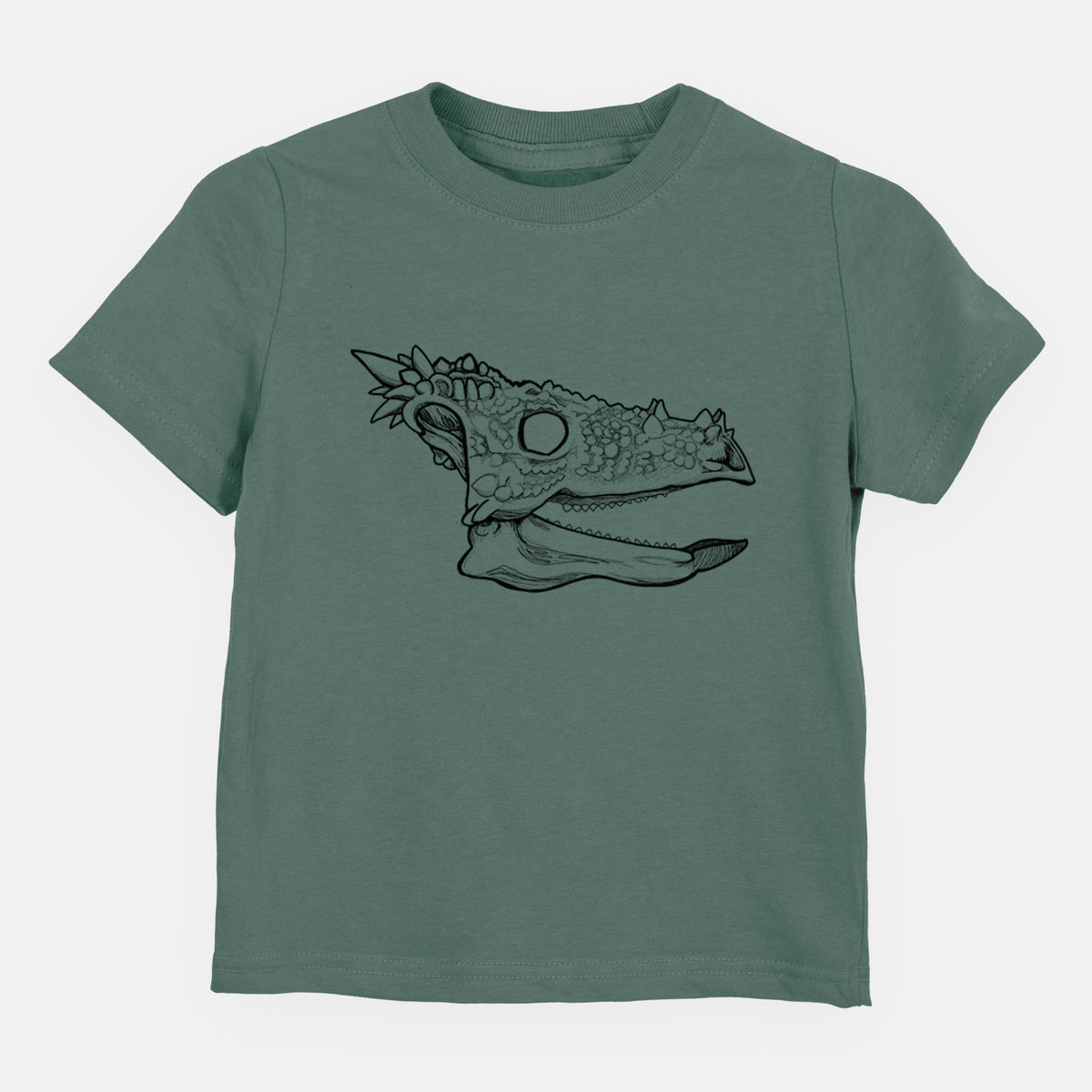 Basil green toddler t-shirt laid flat, printed with a black ink illustration of a spiky Dracorex dinosaur skull.