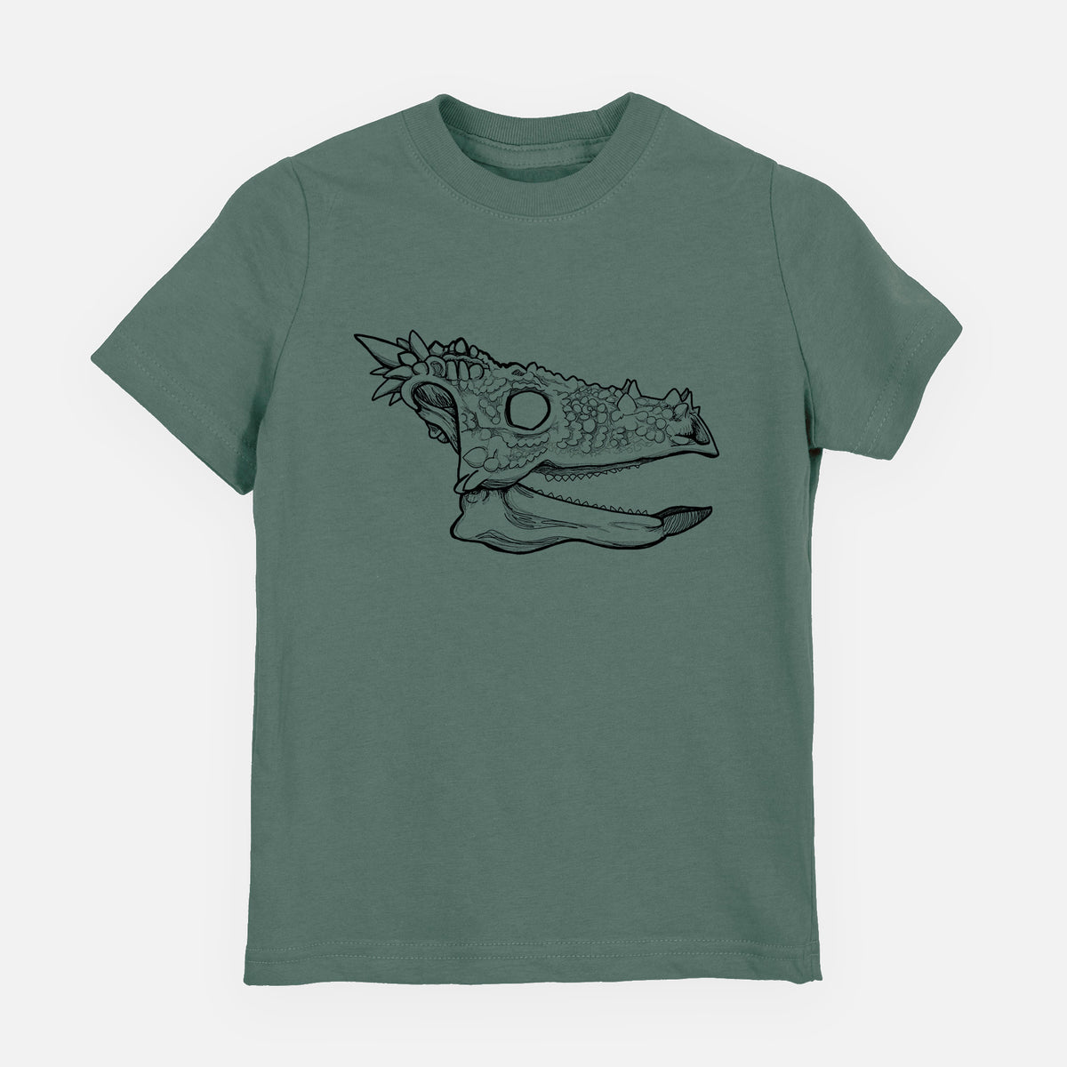 Basil green youth t-shirt laid flat, printed with a black ink illustration of a spiky Dracorex dinosaur skull.