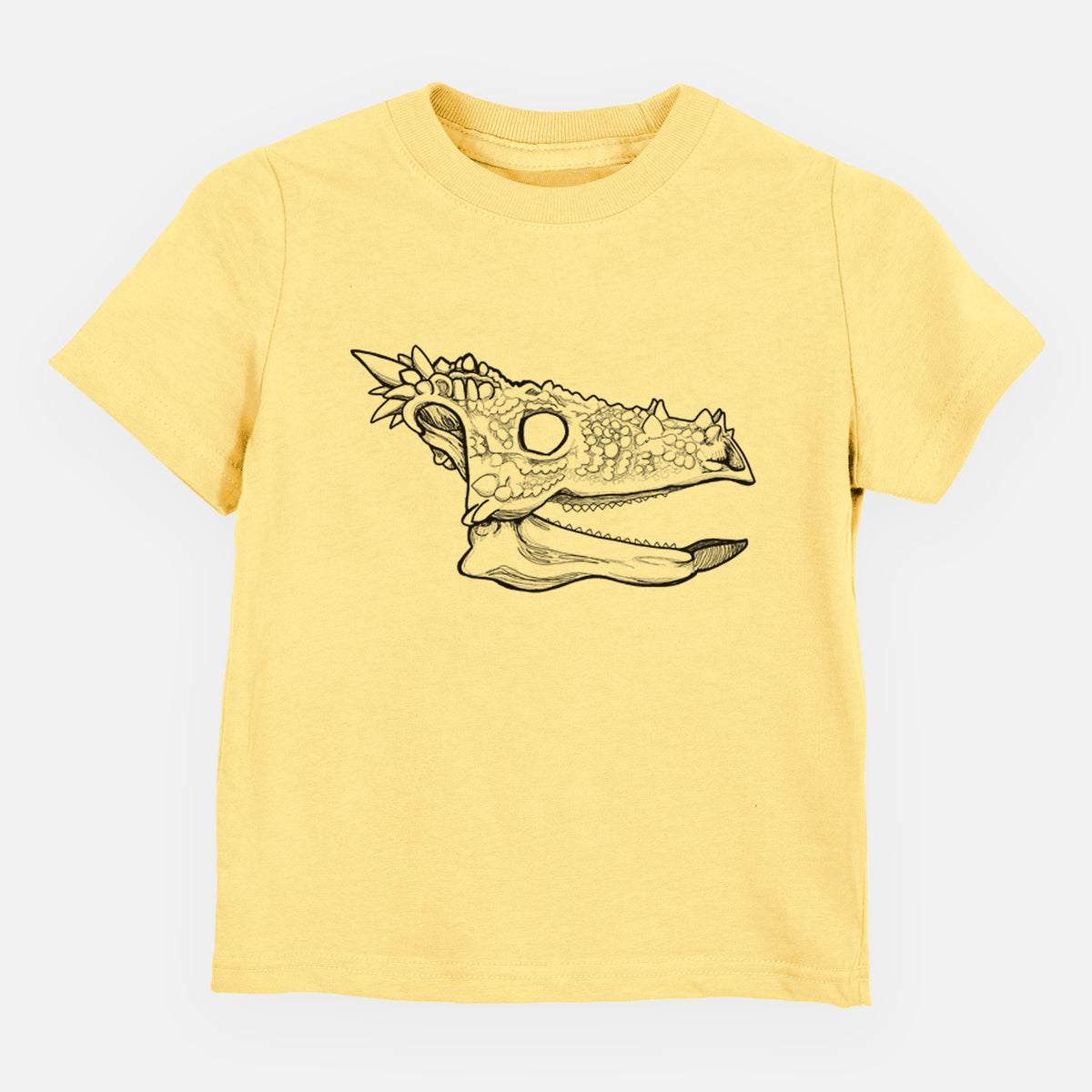 Butter yellow toddler t-shirt laid flat, printed with a black ink illustration of a spiky Dracorex dinosaur skull.