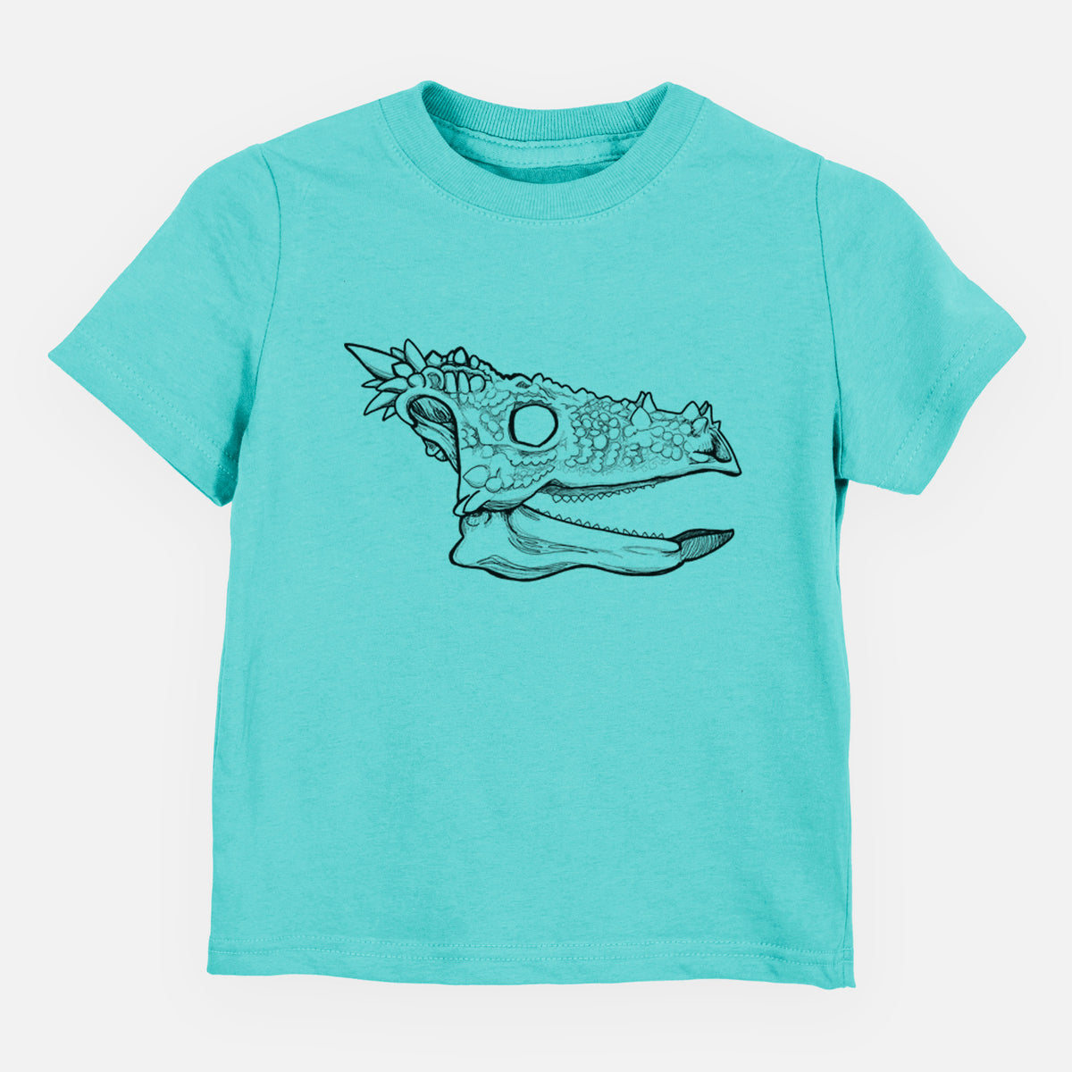 Caribbean blue toddler t-shirt laid flat, printed with a black ink illustration of a spiky Dracorex dinosaur skull.
