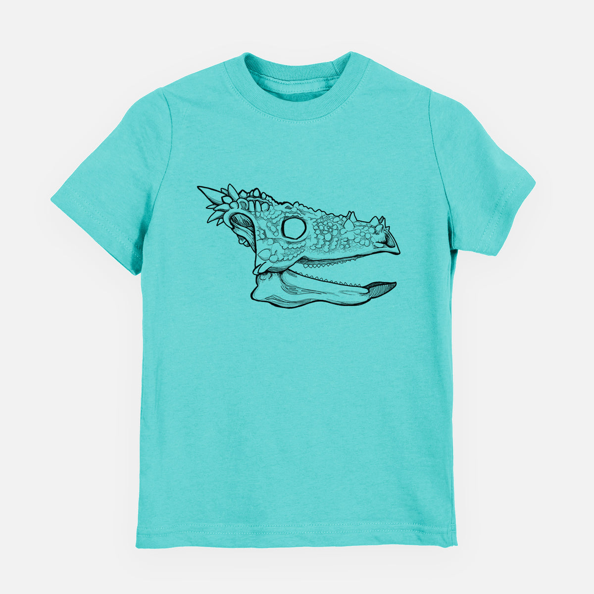 Caribbean blue youth t-shirt laid flat, printed with a black ink illustration of a spiky Dracorex dinosaur skull.