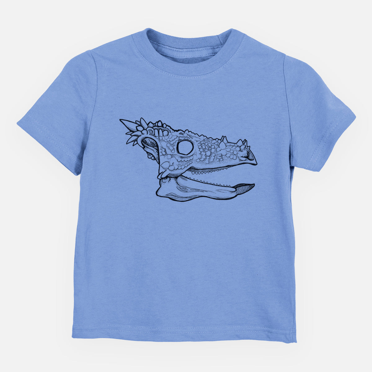 Carolina blue toddler t-shirt laid flat, printed with a black ink illustration of a spiky Dracorex dinosaur skull.