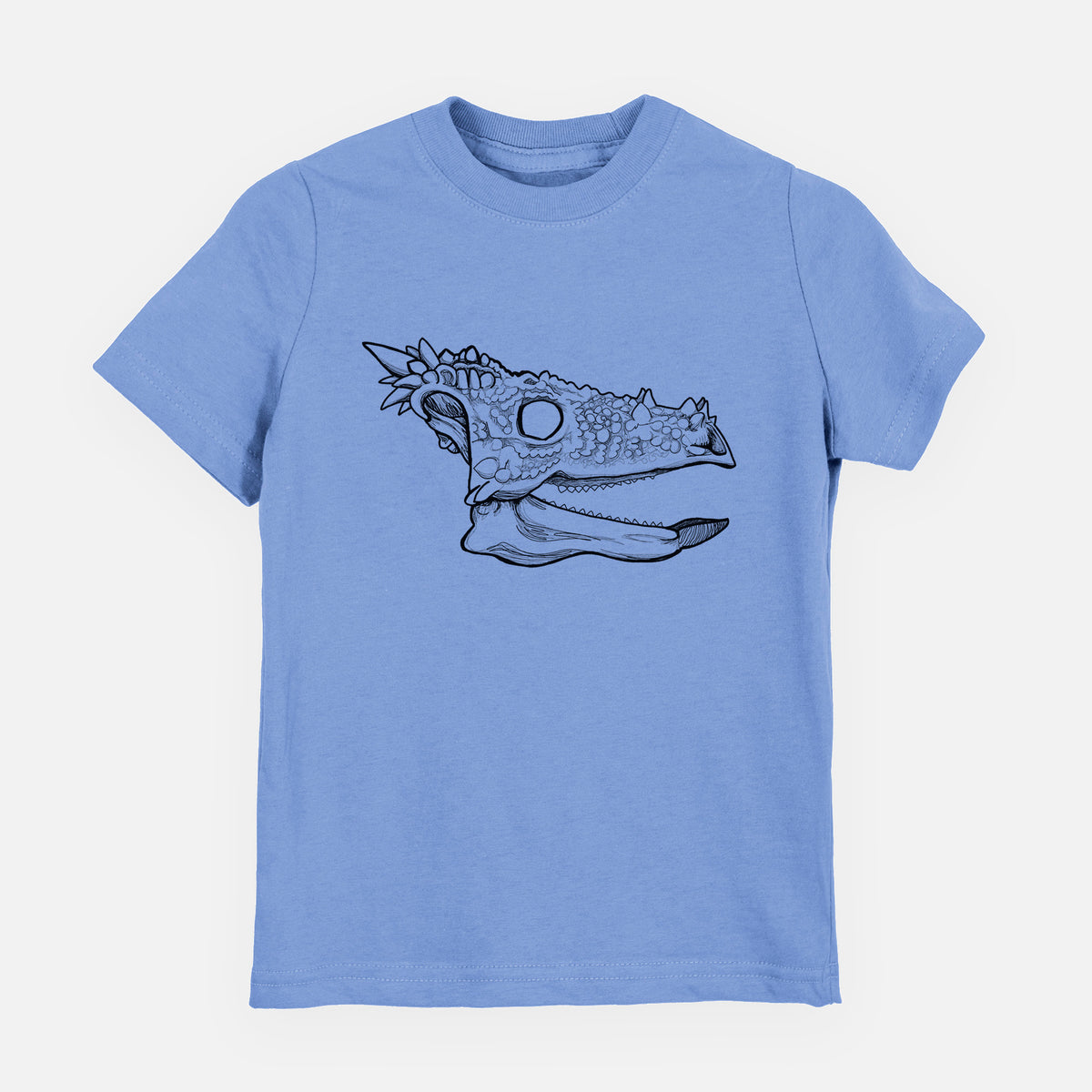 Carolina blue youth t-shirt laid flat, printed with a black ink illustration of a spiky Dracorex dinosaur skull.