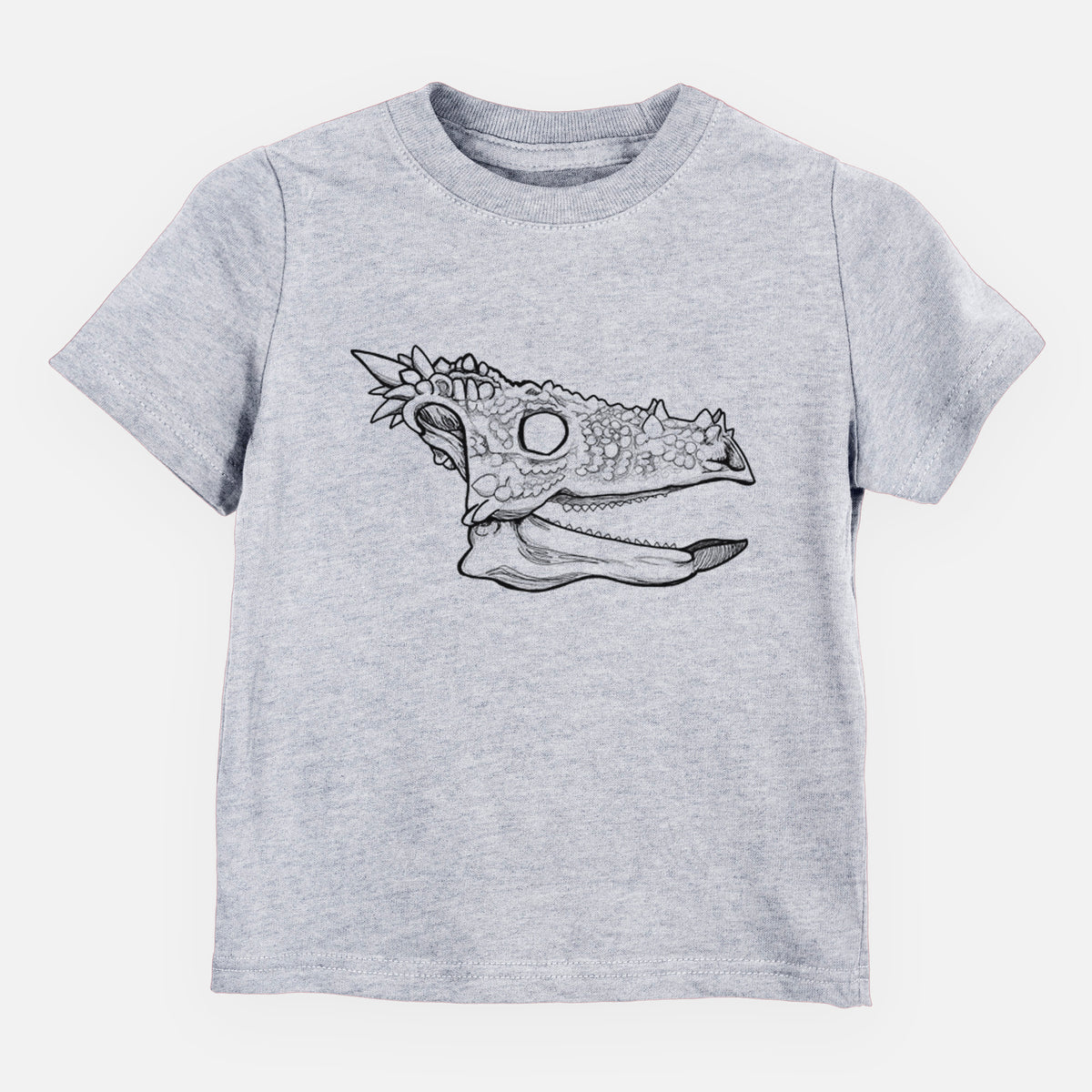 Heather grey toddler t-shirt laid flat, printed with a black ink illustration of a spiky Dracorex dinosaur skull.