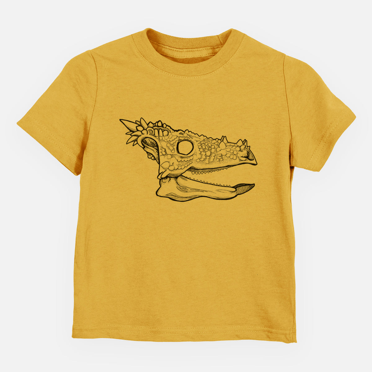 Honeycomb yellow toddler t-shirt laid flat, printed with a black ink illustration of a spiky Dracorex dinosaur skull.