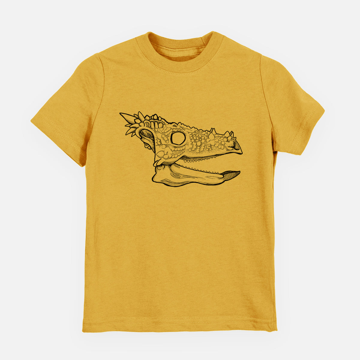 Honeycomb yellow youth t-shirt laid flat, printed with a black ink illustration of a spiky Dracorex dinosaur skull.