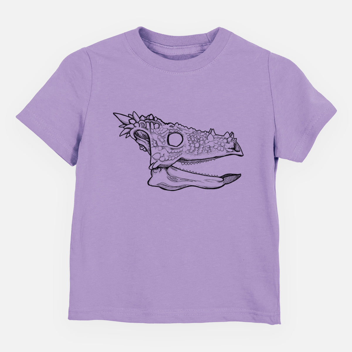 Lavender toddler t-shirt laid flat, printed with a black ink illustration of a spiky Dracorex dinosaur skull.