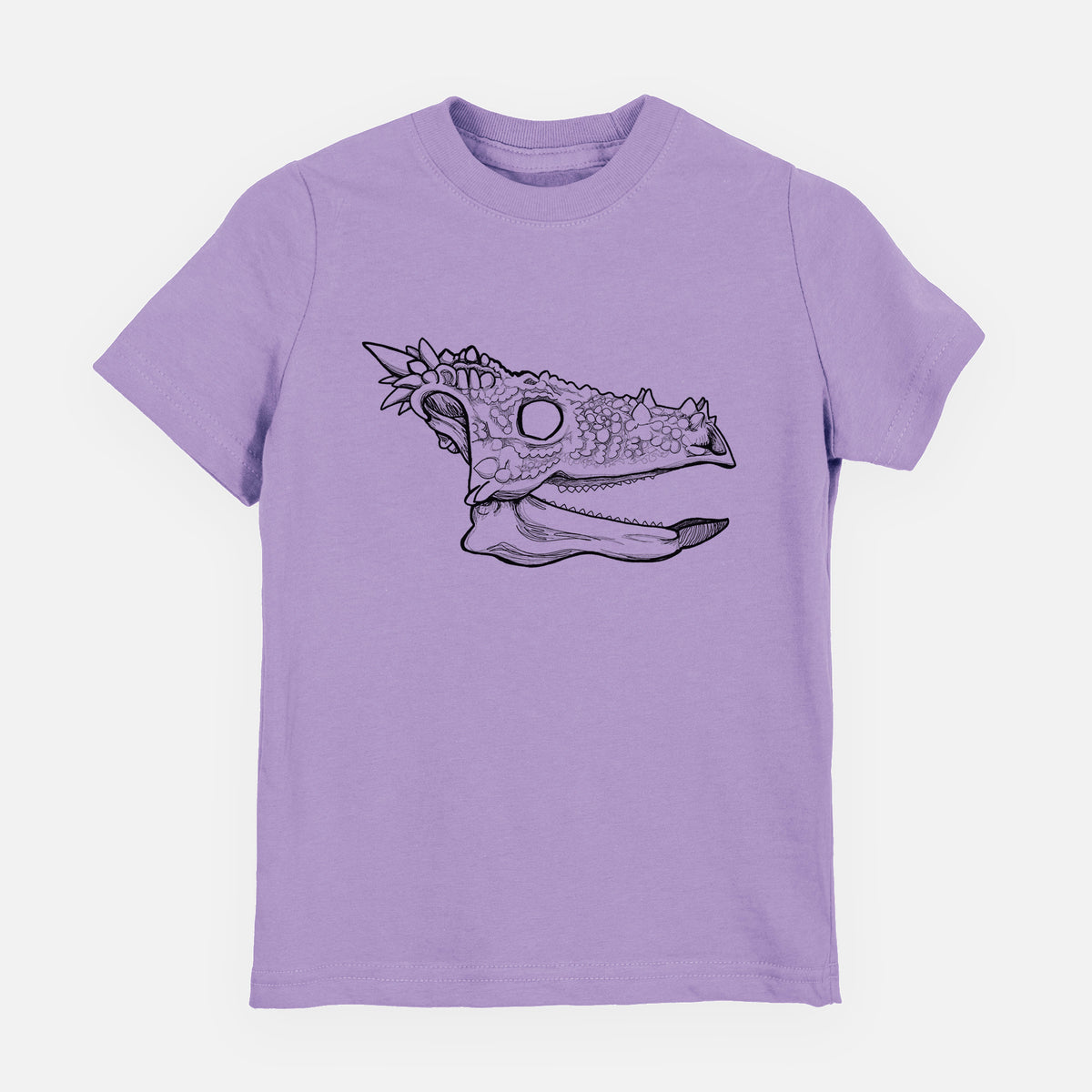 Lavender youth t-shirt laid flat, printed with a black ink illustration of a spiky Dracorex dinosaur skull.