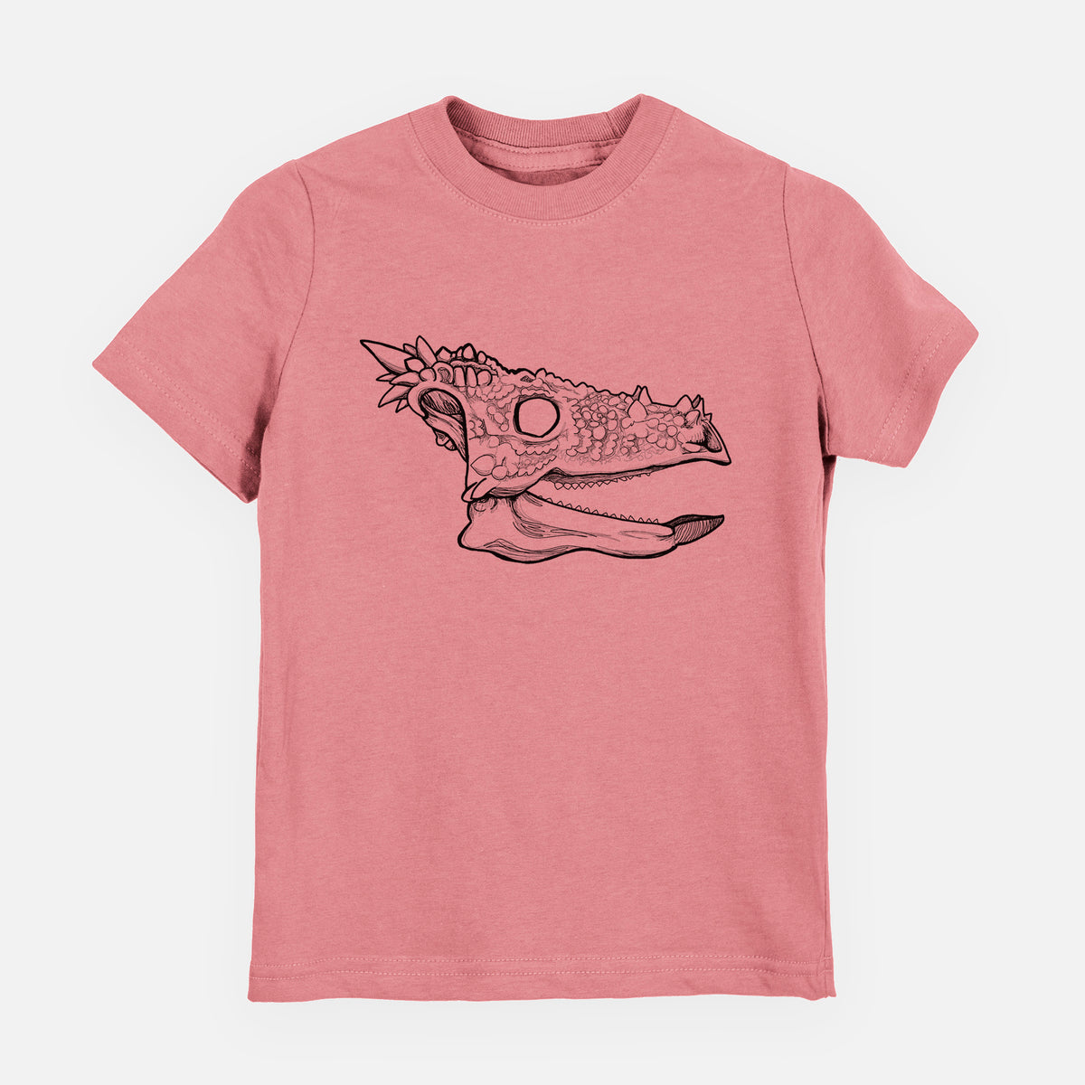 Mauve pink youth t-shirt laid flat, printed with a black ink illustration of a spiky Dracorex dinosaur skull.