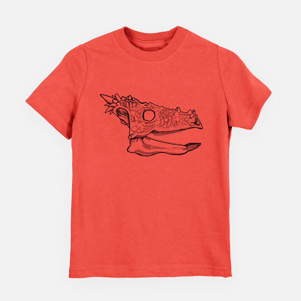 Passionfruit pink youth t-shirt laid flat, printed with a black ink illustration of a spiky Dracorex dinosaur skull.