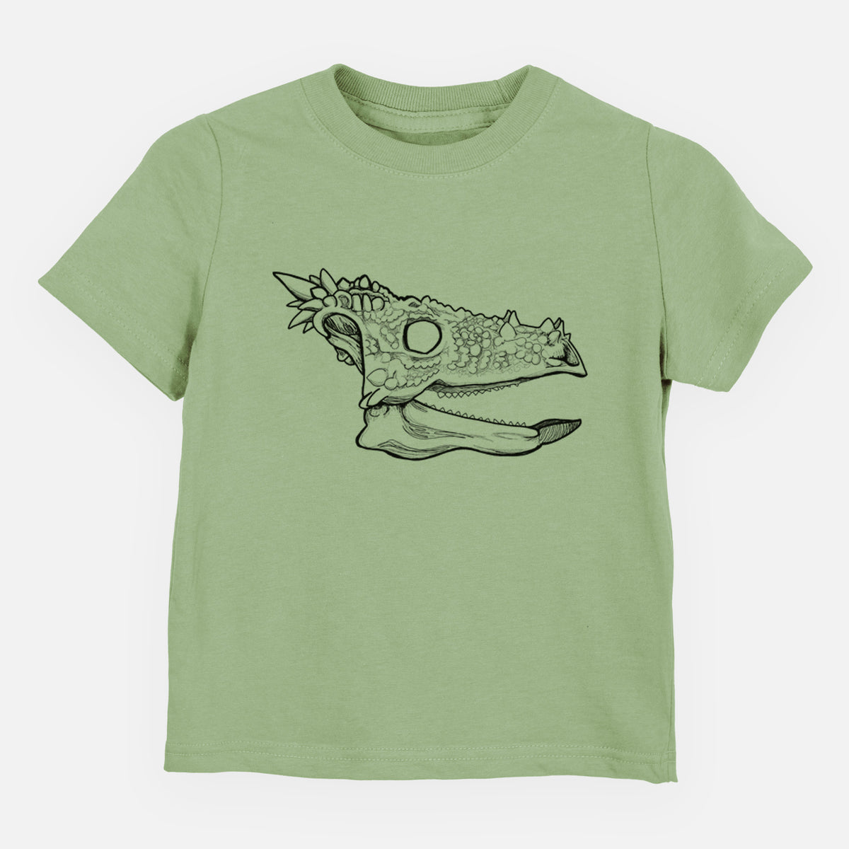 Sage green toddler t-shirt laid flat, printed with a black ink illustration of a spiky Dracorex dinosaur skull.