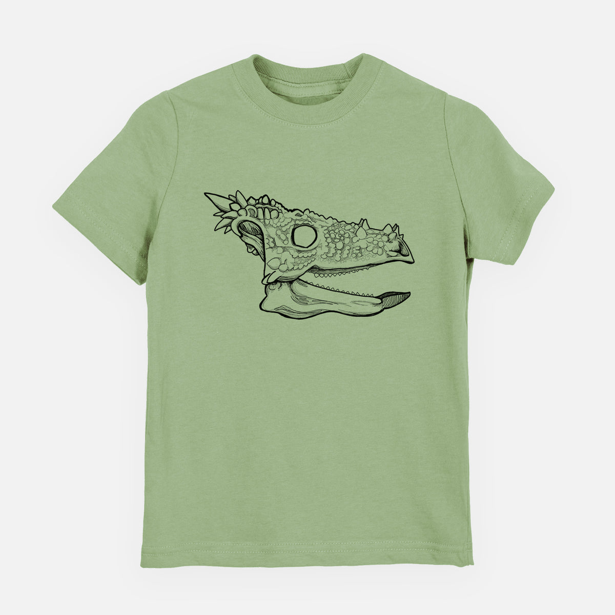 Sage green youth t-shirt laid flat, printed with a black ink illustration of a spiky Dracorex dinosaur skull.