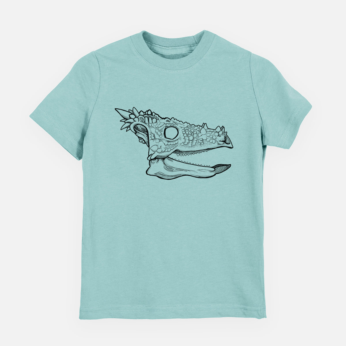 Saltwater youth t-shirt laid flat, printed with a black ink illustration of a spiky Dracorex dinosaur skull.