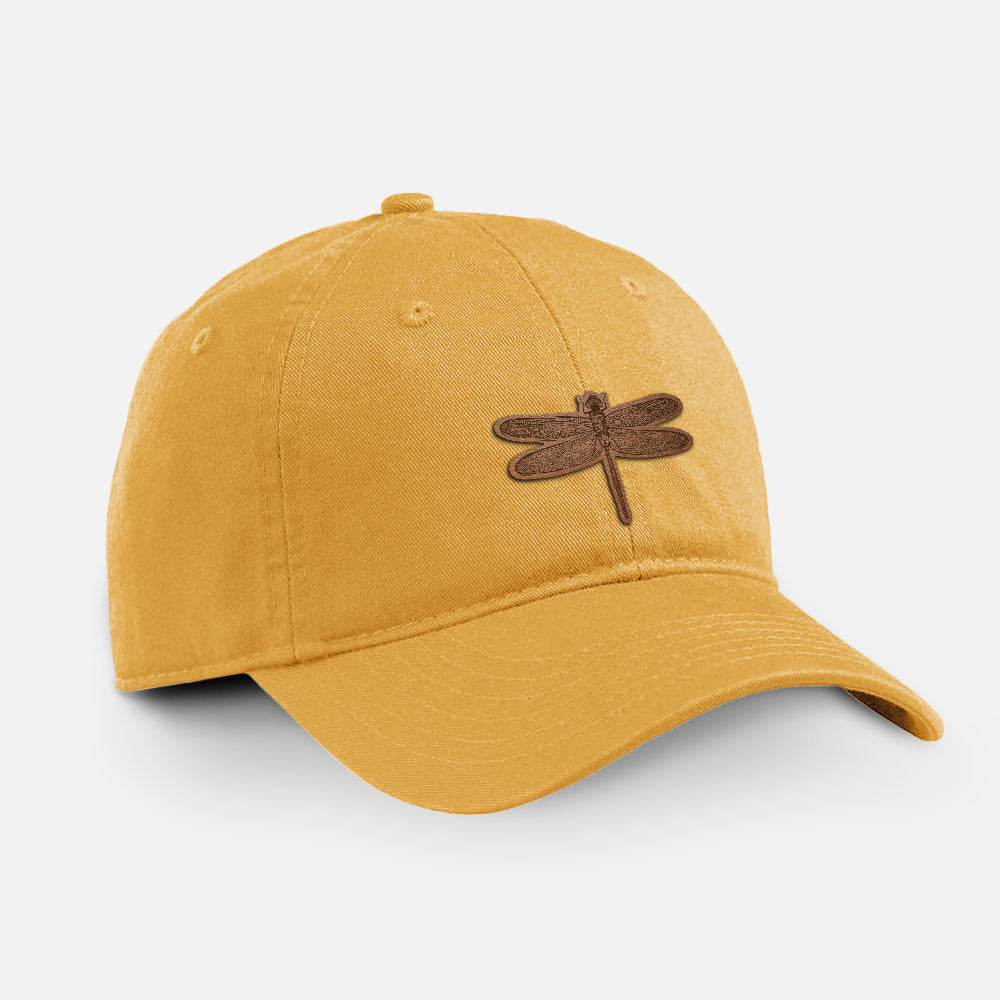 Beehive yellow cotton baseball hat with a detailed engraving of a dragonfly with patterned wings on the front.
